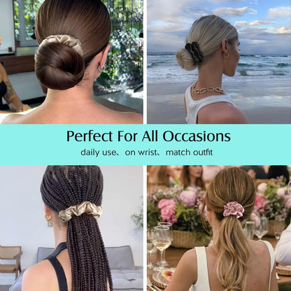 Set of 3 Premium 100% Mulberry Silk Scrunchies for Women and Girls, 22 Momme Soft Hair Ties for Frizz and Breakage Prevention, Gentle Elastic Ponytail Holders in Pink, Black, and Champagne