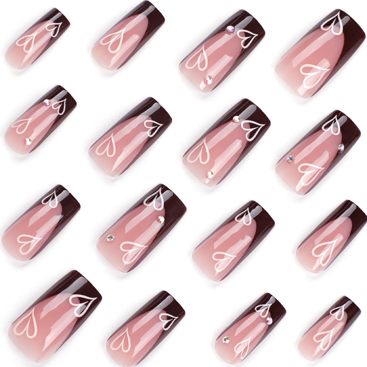 French Tip Press-On Nails - Medium Long Square Brown and Pink Heart Rhinestone Acrylic Nails for Weddings and Birthdays