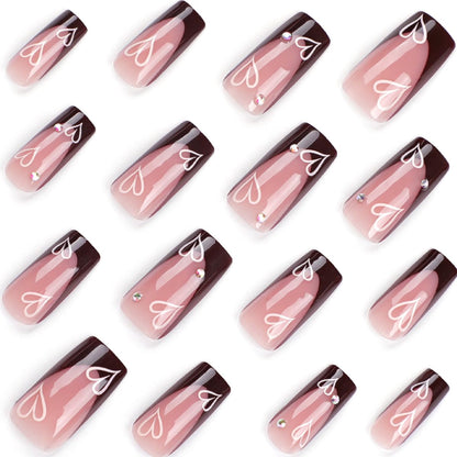 French Tip Press-On Nails - Medium Long Square Brown and Pink Heart Rhinestone Acrylic Nails for Weddings and Birthdays