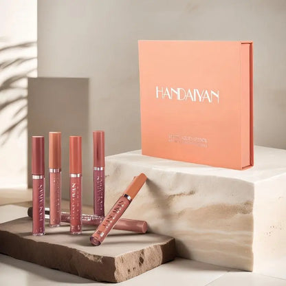 Handaiyan 6-Pcs/Set Long-Lasting Matte Pearl Lip Stain Lipstick Cosmetic Combo Kit - Waterproof, Moisturizing, Non-Stick Cup, Nude Makeup, All Skin Types, Ideal Teen Gifts for Daily & Special Occasions