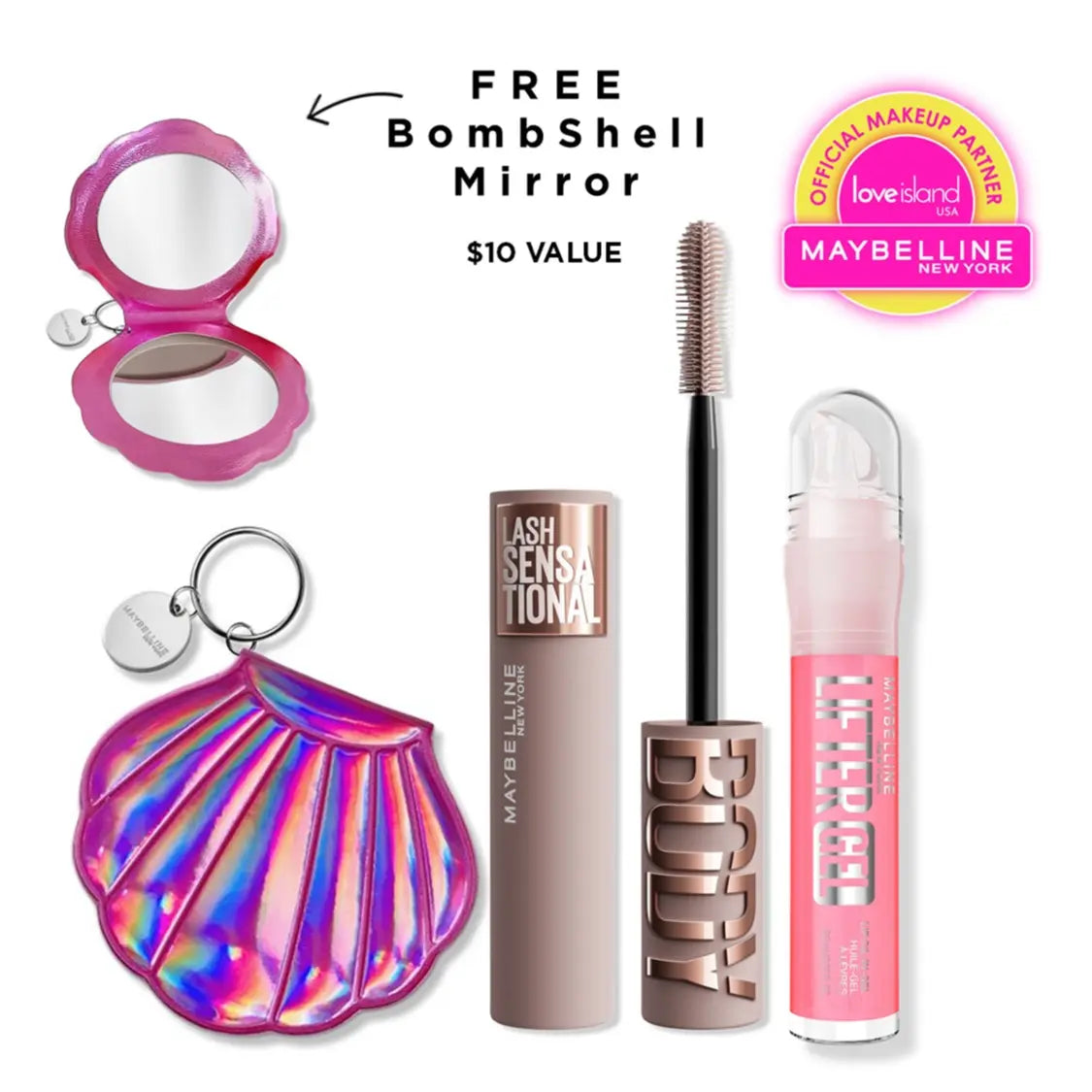 Exclusive Love Island Lash & Lip Duo - Blackest Black Body Mascara, Lifter Gel, with Free Bombshell Mirror, Maybelline New York