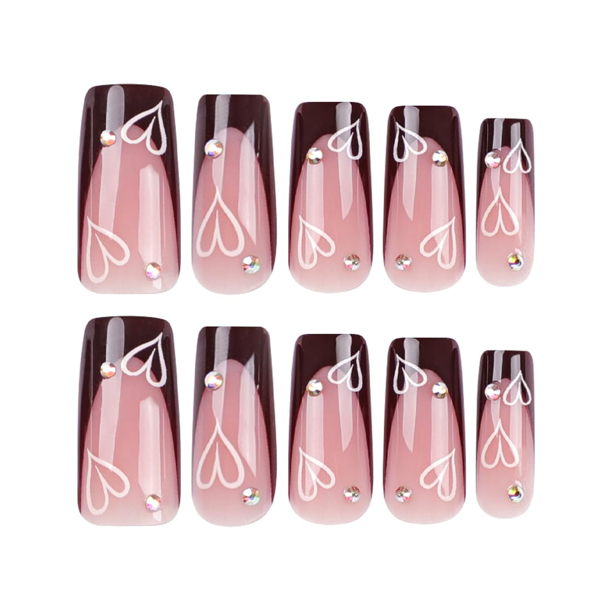 French Tip Press-On Nails - Medium Long Square Brown and Pink Heart Rhinestone Acrylic Nails for Weddings and Birthdays