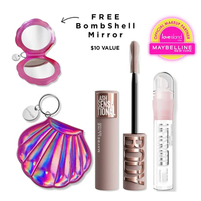 Exclusive Love Island Lash & Lip Duo - Blackest Black Body Mascara, Lifter Gel, with Free Bombshell Mirror, Maybelline New York