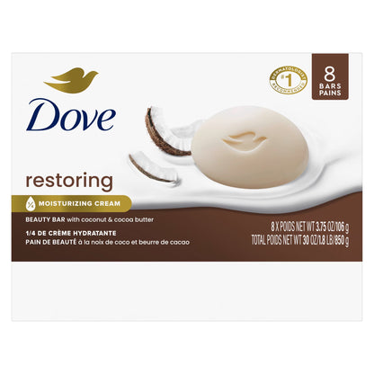 Beauty Bar Soap for Skin Restoration with Coconut and Cocoa Butter, Nourishing Formula, 3.75 Oz, Set of 8 Bars