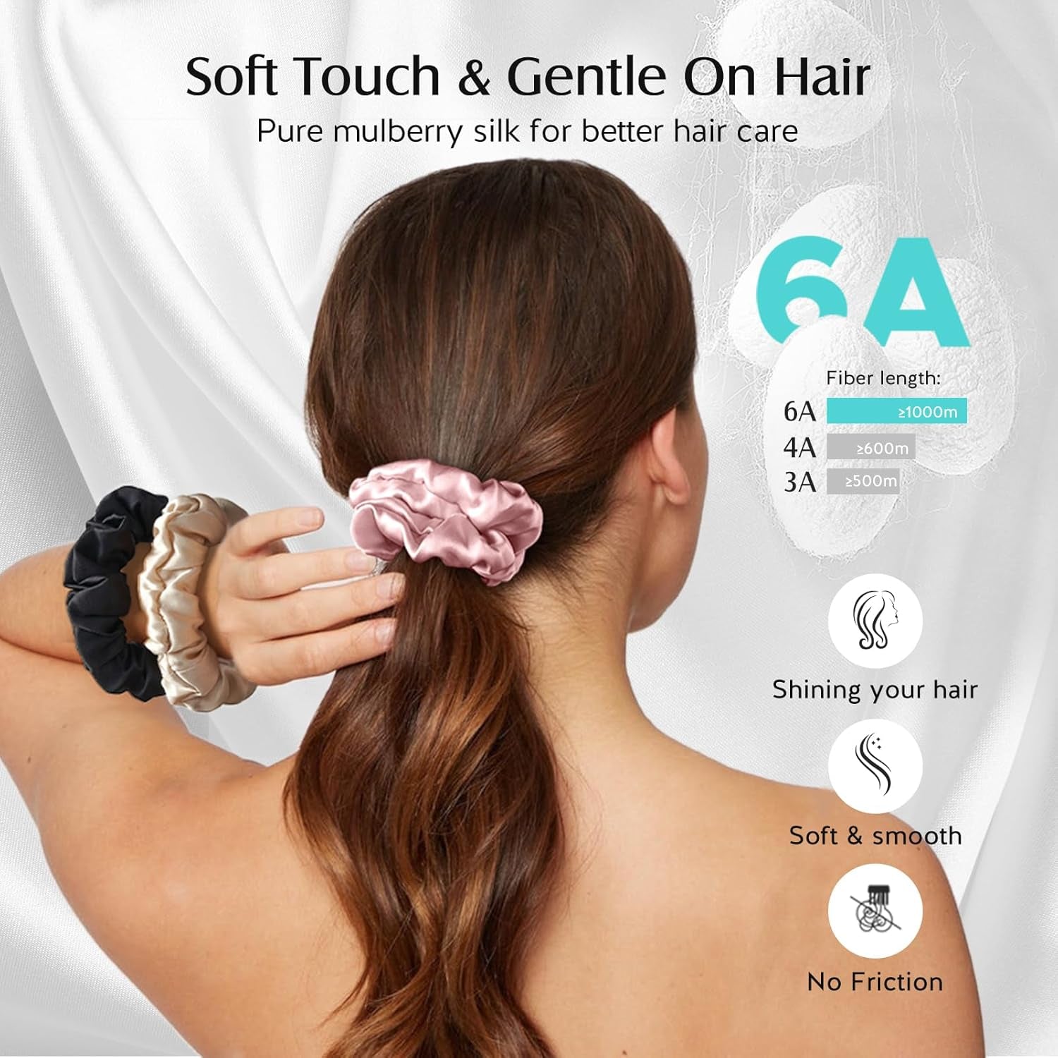Set of 3 Premium 100% Mulberry Silk Scrunchies for Women and Girls, 22 Momme Soft Hair Ties for Frizz and Breakage Prevention, Gentle Elastic Ponytail Holders in Pink, Black, and Champagne