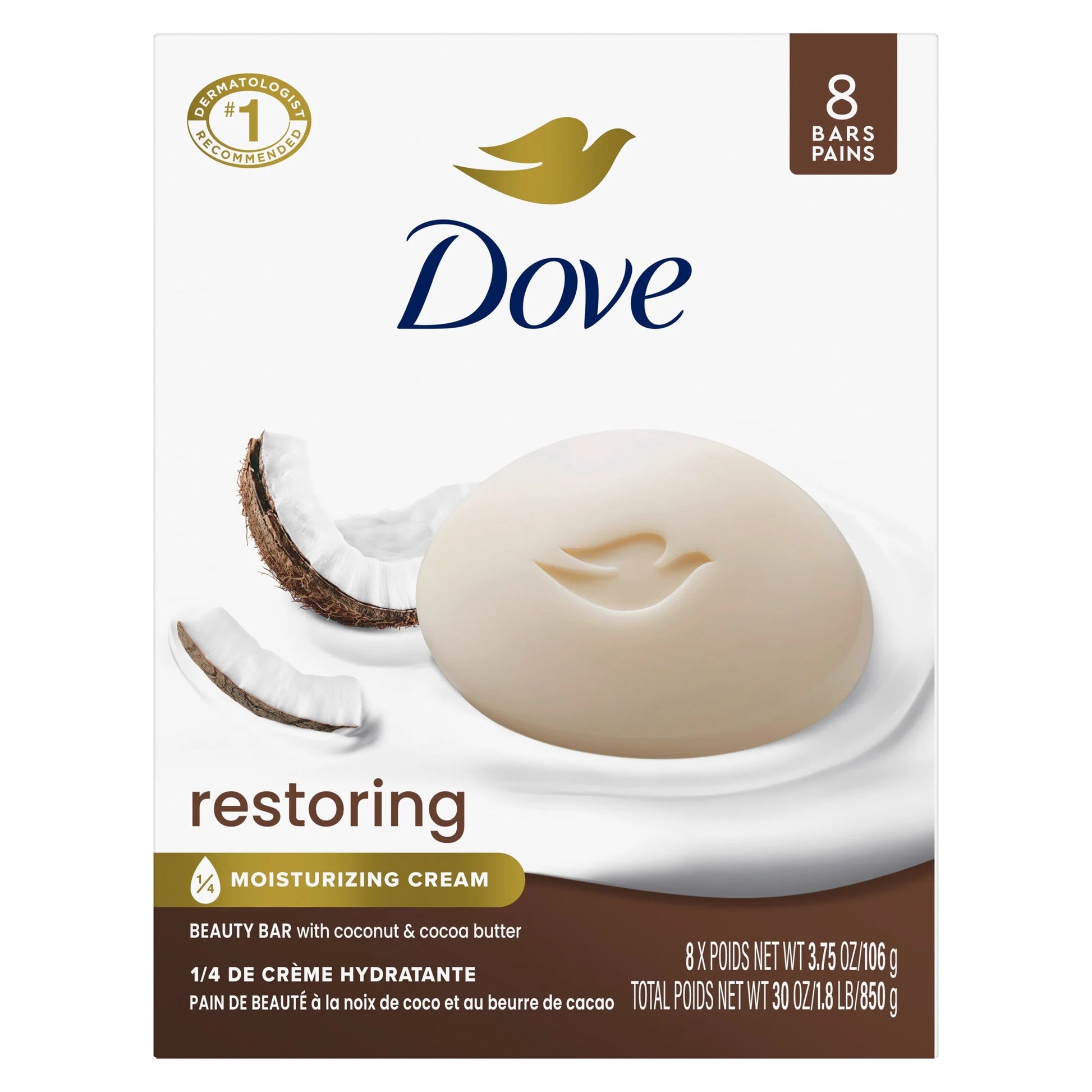 Beauty Bar Soap for Skin Restoration with Coconut and Cocoa Butter, Nourishing Formula, 3.75 Oz, Set of 8 Bars