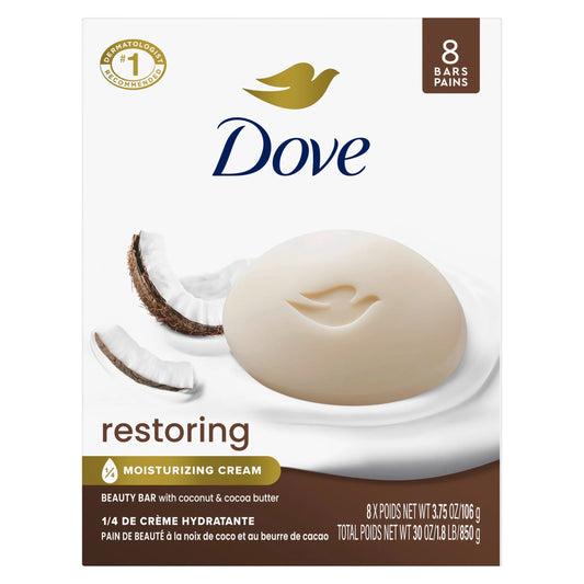 Beauty Bar Soap for Skin Restoration with Coconut and Cocoa Butter, Nourishing Formula, 3.75 Oz, Set of 8 Bars
