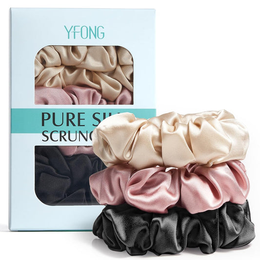 Set of 3 Premium 100% Mulberry Silk Scrunchies for Women and Girls, 22 Momme Soft Hair Ties for Frizz and Breakage Prevention, Gentle Elastic Ponytail Holders in Pink, Black, and Champagne