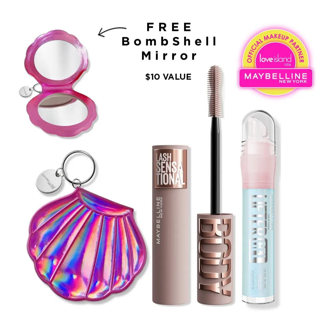 Exclusive Love Island Lash & Lip Duo - Blackest Black Body Mascara, Lifter Gel, with Free Bombshell Mirror, Maybelline New York