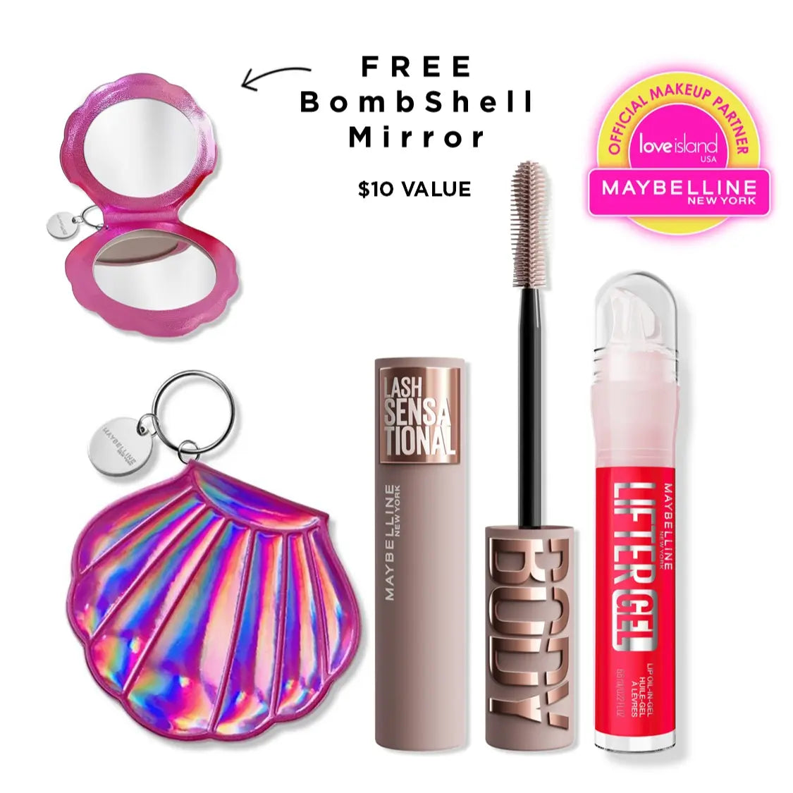 Exclusive Love Island Lash & Lip Duo - Blackest Black Body Mascara, Lifter Gel, with Free Bombshell Mirror, Maybelline New York