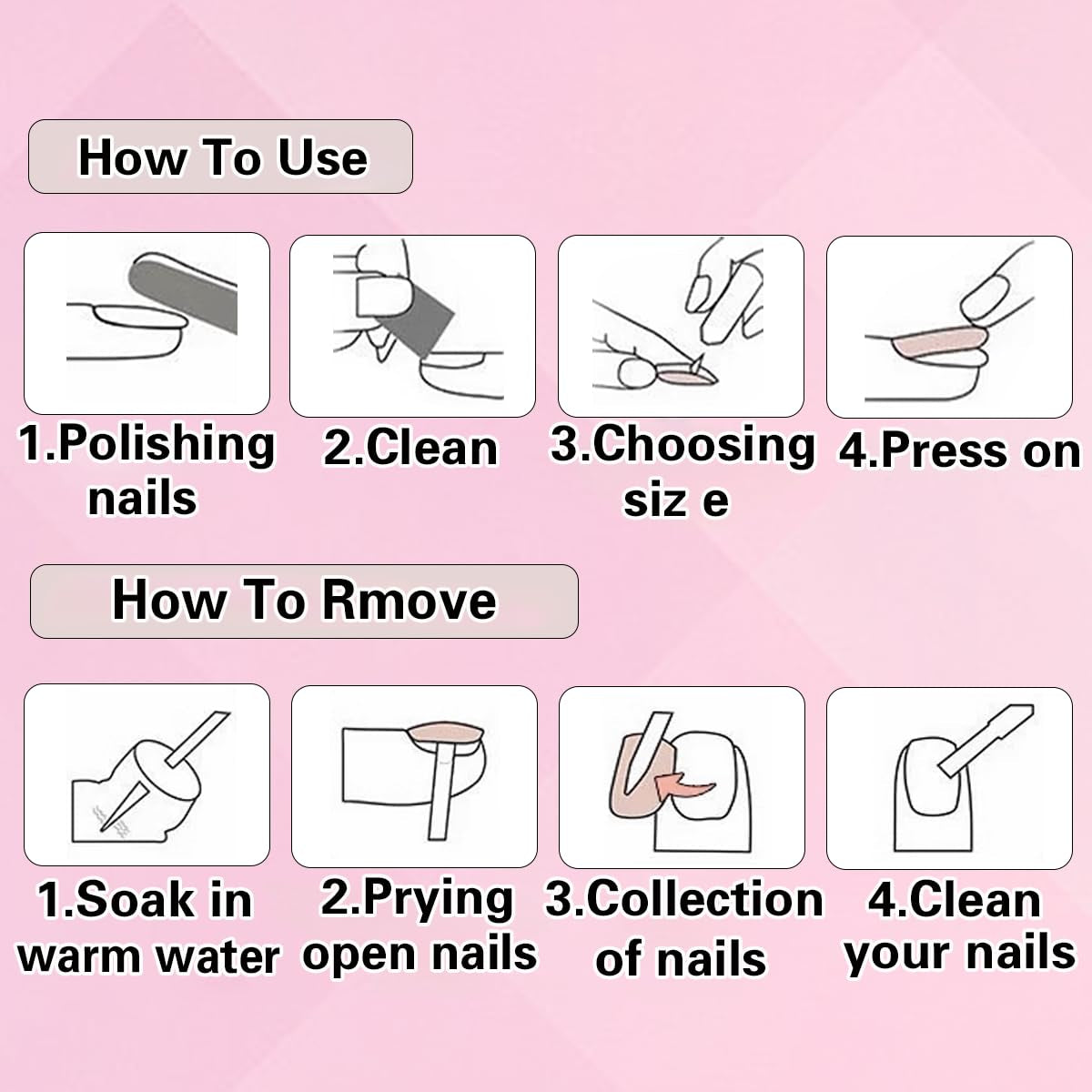 French Tip Press-On Nails - Medium Long Square Brown and Pink Heart Rhinestone Acrylic Nails for Weddings and Birthdays