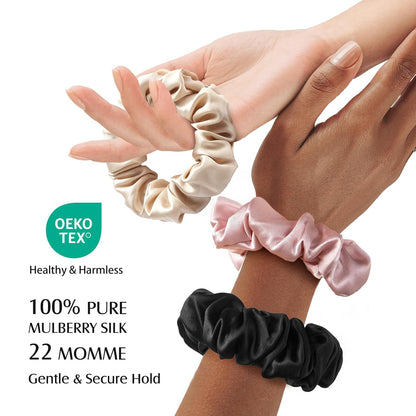 Set of 3 Premium 100% Mulberry Silk Scrunchies for Women and Girls, 22 Momme Soft Hair Ties for Frizz and Breakage Prevention, Gentle Elastic Ponytail Holders in Pink, Black, and Champagne