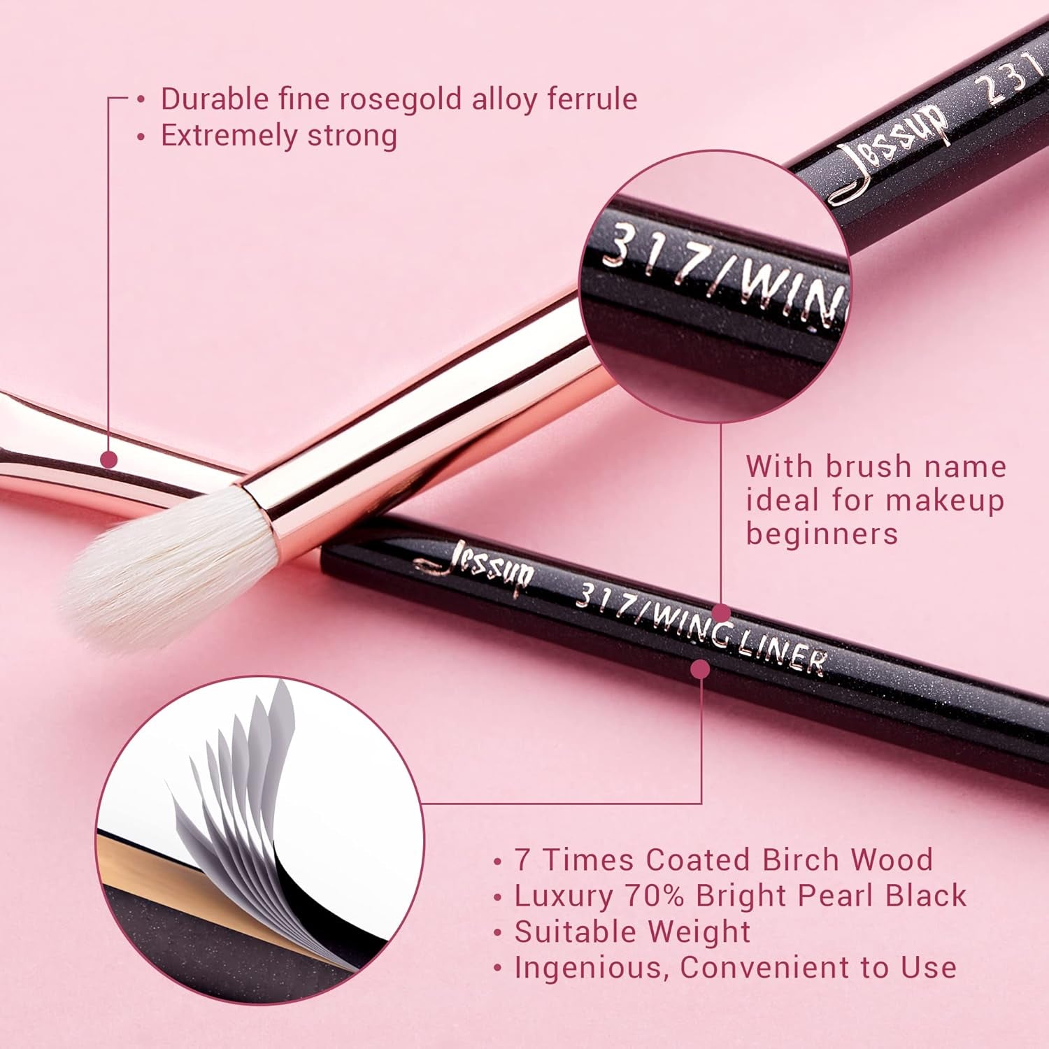 15-Piece Professional Makeup Brush Set with Wooden Handles and Natural-Synthetic Hair - Pearl Black/Rose Gold T157