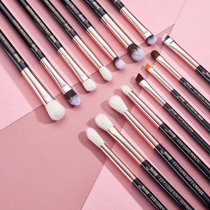 15-Piece Professional Makeup Brush Set with Wooden Handles and Natural-Synthetic Hair - Pearl Black/Rose Gold T157