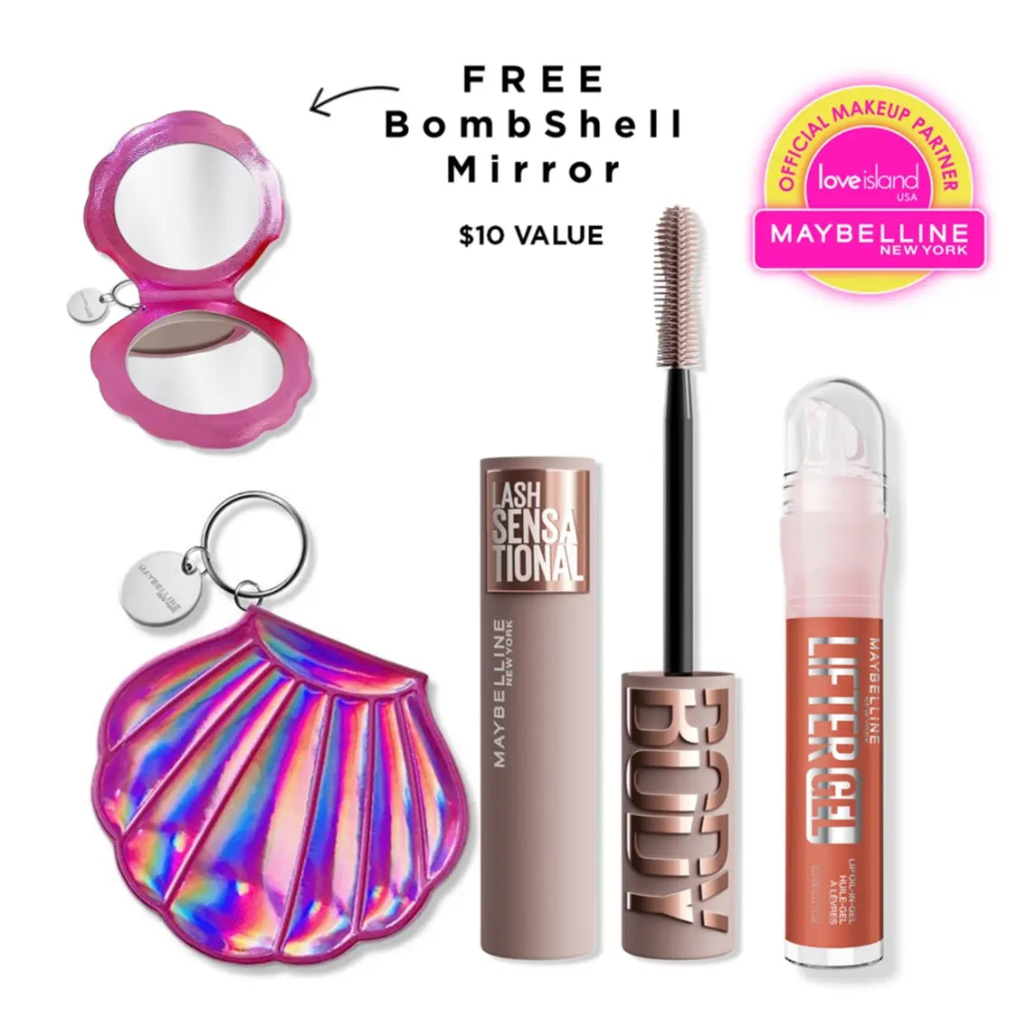 Exclusive Love Island Lash & Lip Duo - Blackest Black Body Mascara, Lifter Gel, with Free Bombshell Mirror, Maybelline New York