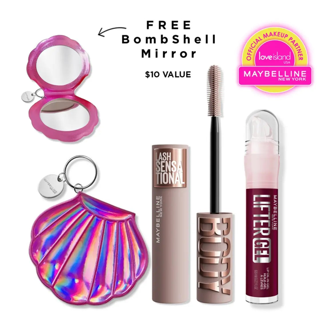 Exclusive Love Island Lash & Lip Duo - Blackest Black Body Mascara, Lifter Gel, with Free Bombshell Mirror, Maybelline New York