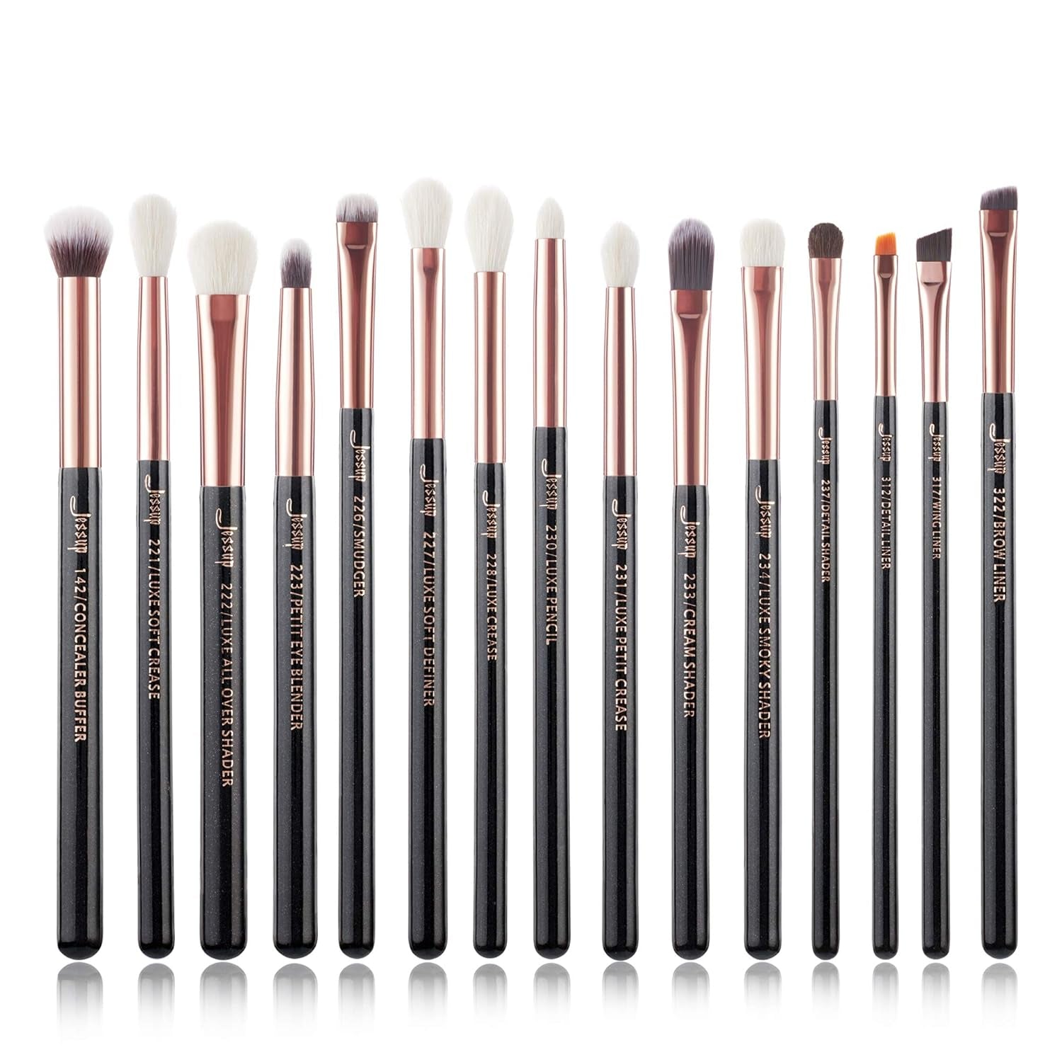 15-Piece Professional Makeup Brush Set with Wooden Handles and Natural-Synthetic Hair - Pearl Black/Rose Gold T157