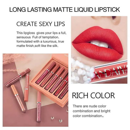 Handaiyan 6-Pcs/Set Long-Lasting Matte Pearl Lip Stain Lipstick Cosmetic Combo Kit - Waterproof, Moisturizing, Non-Stick Cup, Nude Makeup, All Skin Types, Ideal Teen Gifts for Daily & Special Occasions