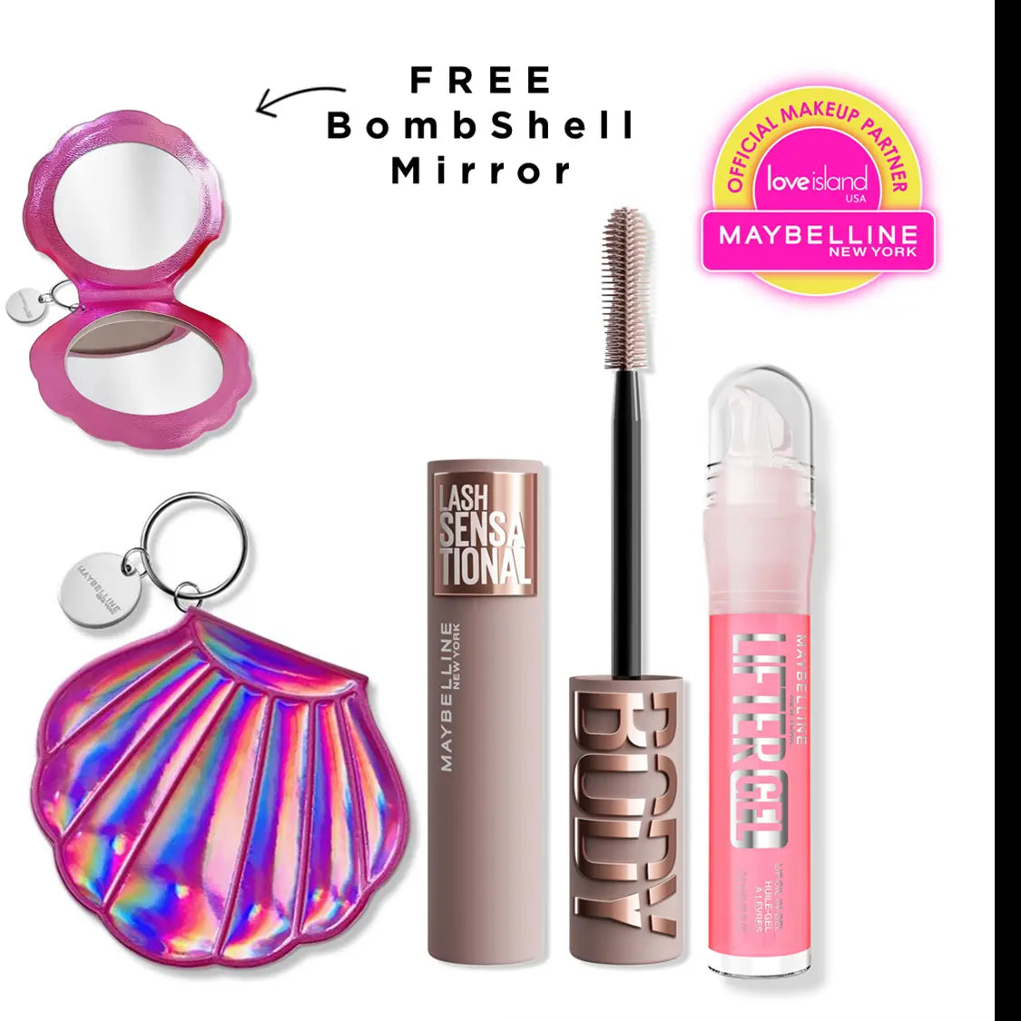 Exclusive Love Island Lash & Lip Duo - Blackest Black Body Mascara, Lifter Gel, with Free Bombshell Mirror, Maybelline New York