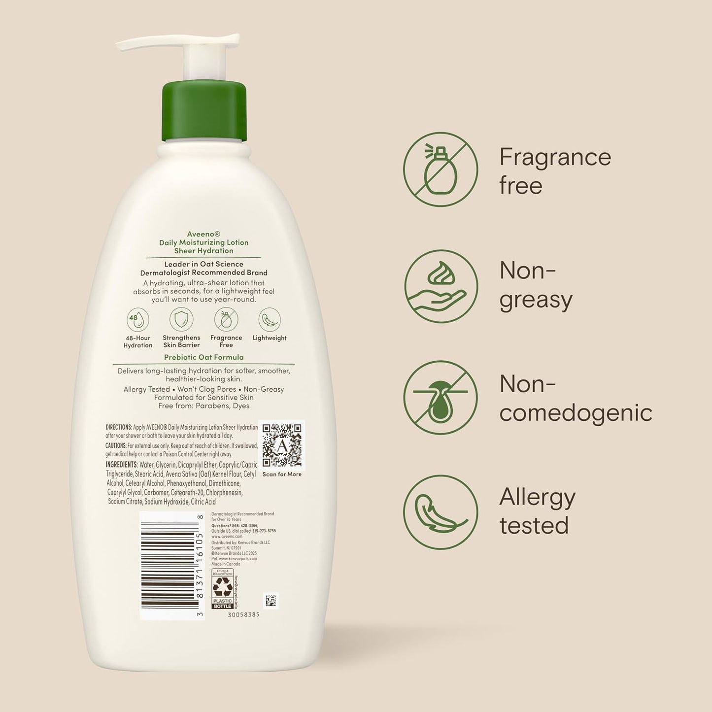 Aveeno Daily Moisturizing Sheer Hydration Fragrance-Free Body Lotion with Prebiotic Oat for Dry Skin, Lightweight and Fast-Absorbing, 48-Hour Moisture, 18 Fl Oz