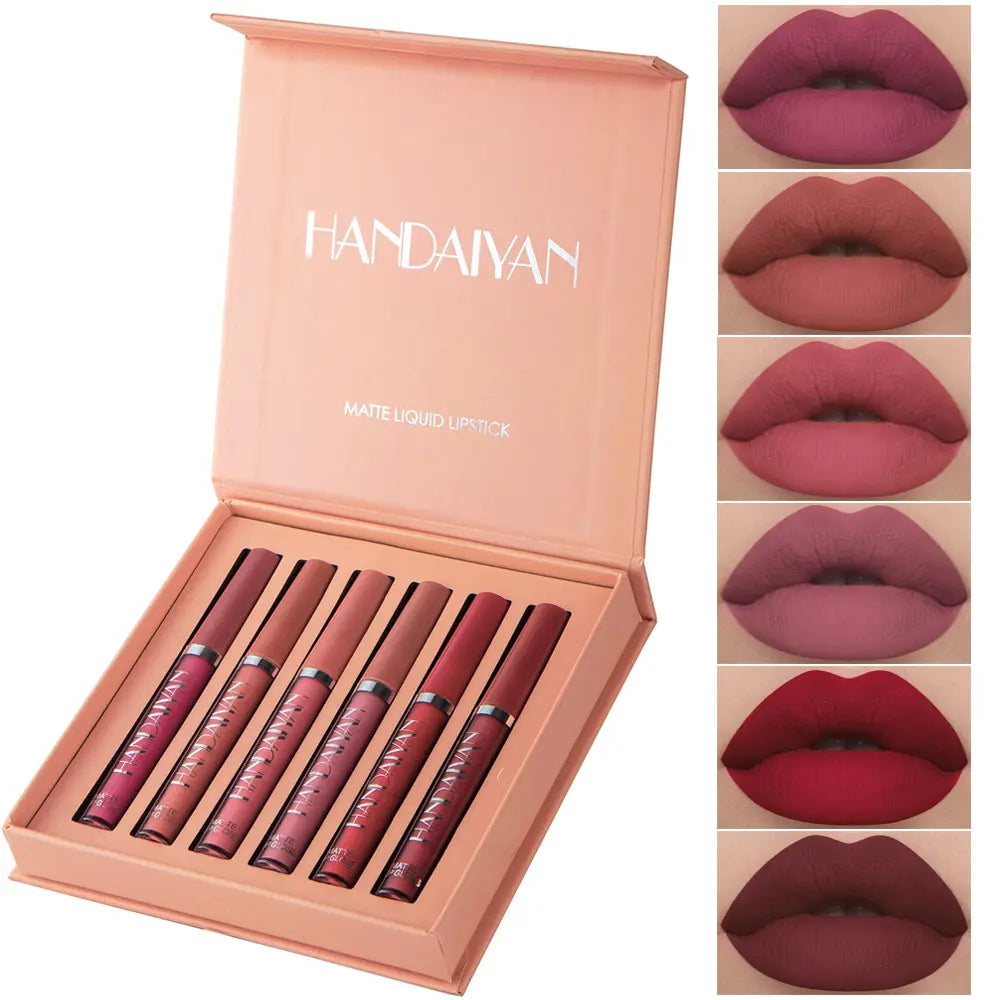 Handaiyan 6-Pcs/Set Long-Lasting Matte Pearl Lip Stain Lipstick Cosmetic Combo Kit - Waterproof, Moisturizing, Non-Stick Cup, Nude Makeup, All Skin Types, Ideal Teen Gifts for Daily & Special Occasions