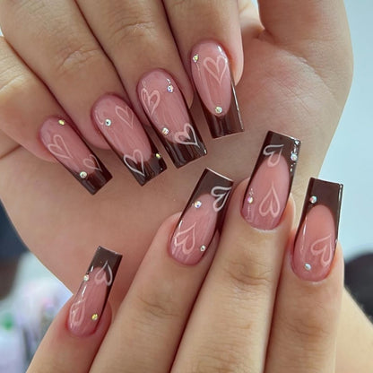 French Tip Press-On Nails - Medium Long Square Brown and Pink Heart Rhinestone Acrylic Nails for Weddings and Birthdays