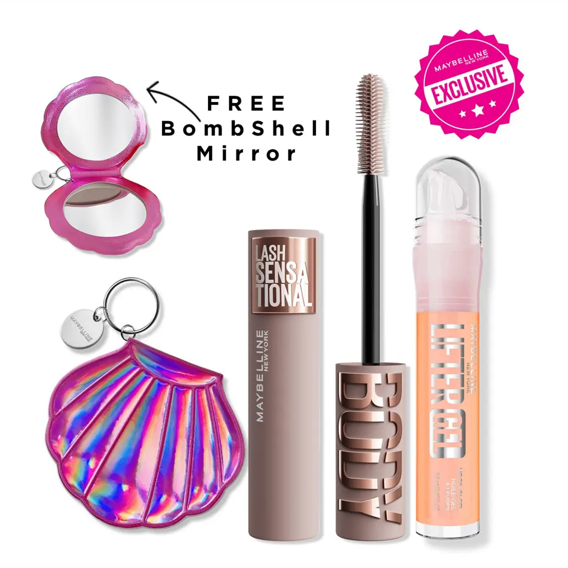 Exclusive Love Island Lash & Lip Duo - Blackest Black Body Mascara, Lifter Gel, with Free Bombshell Mirror, Maybelline New York