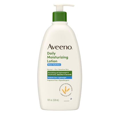 Aveeno Daily Moisturizing Sheer Hydration Fragrance-Free Body Lotion with Prebiotic Oat for Dry Skin, Lightweight and Fast-Absorbing, 48-Hour Moisture, 18 Fl Oz
