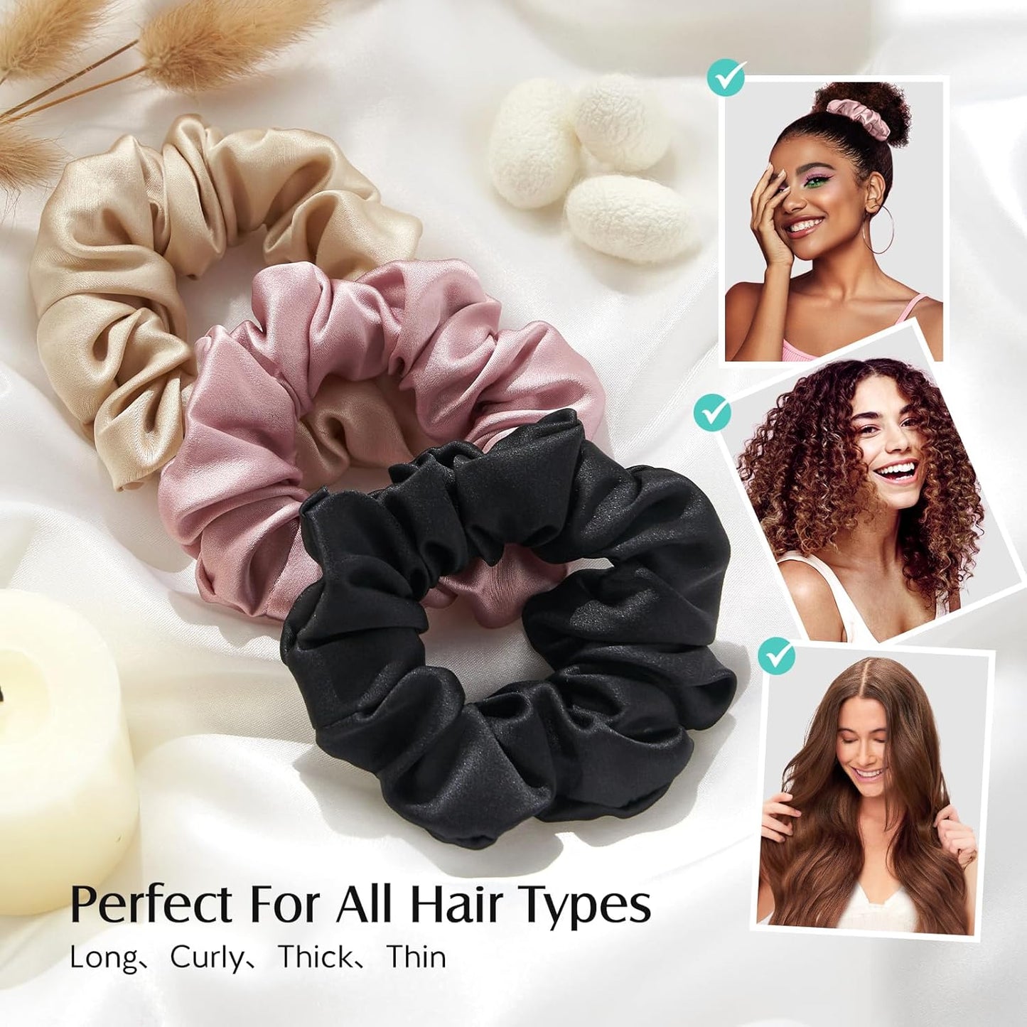 Set of 3 Premium 100% Mulberry Silk Scrunchies for Women and Girls, 22 Momme Soft Hair Ties for Frizz and Breakage Prevention, Gentle Elastic Ponytail Holders in Pink, Black, and Champagne