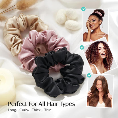 Set of 3 Premium 100% Mulberry Silk Scrunchies for Women and Girls, 22 Momme Soft Hair Ties for Frizz and Breakage Prevention, Gentle Elastic Ponytail Holders in Pink, Black, and Champagne